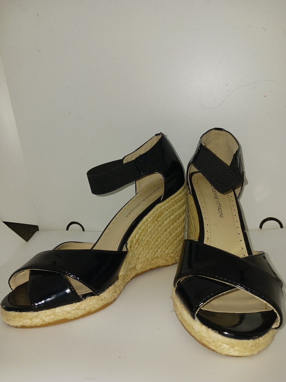 Adrienne Vittadini Black Patent Espadrille Wedge Sandals
